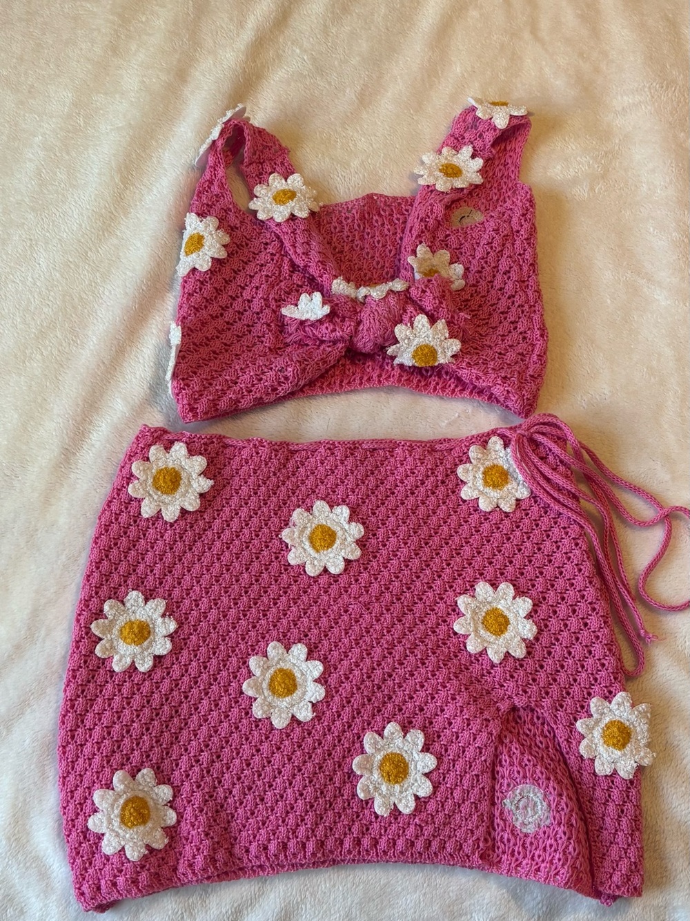 Pink Crochet Daisy Crop Top & Skirt Set